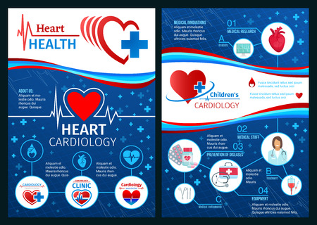 Heart health brochure or cardiology clinic medical posters. Vector design of cardiologist doctor with stethoscope, cardio pill medicines or cardiogram and cardiovascular disease preventionのイラスト素材
