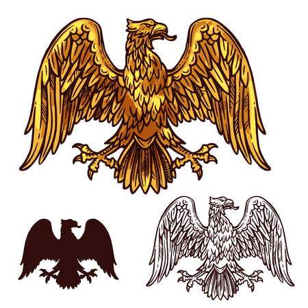 Heraldic golden eagle or griffin with tongue, spread wings and claws. Vector vintage sketch symbol of gryphon vulture mystic bird silhouette for royal emblem, shield or coat of arms designのイラスト素材