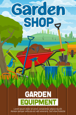 Gardening tool shop poster with agriculture or horticulture equipment. Wheelbarrow with ground and spade, watering can and hose, bucket and rake behind fence on grass with lake at horizon vectorのイラスト素材