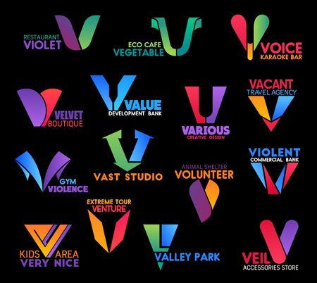 Letter V abstract icons for business. Violet and vegetable, voice and velvet, value and various, vacant and violence, vast and volunteer, venture and valley park with veil symbols vector isolatedのイラスト素材