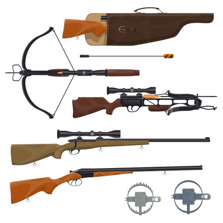 Hunting equipment and weapons icons. Vector rifle gun in holster, arbalest or crossbow arblast with optical sight and trap.Wild animals or hunt shooting training themeのイラスト素材