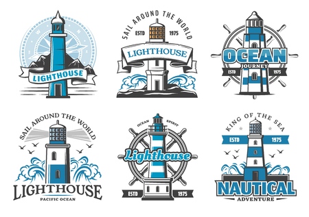 Lighthouse and nautical adventure icons. Rudder wheel and seagulls, marine beacon signal tower on cliff with ribbons. Searchlight tower for ship safe navigation and maritime service, sea signsのイラスト素材