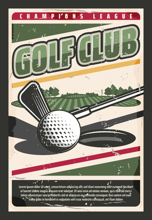 Golf sport game retro poster. Vector ball at the tee hole at green grass course and golf club in the palyer handsのイラスト素材