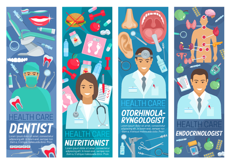 Otorhinolaryngology, dentistry or endocrinology clinic and health care nutritionist doctor medical ctaff. Vector dentist, otorhinolaryngologist and endocrinologist doctor, human organs, diagnostics and treatmentのイラスト素材