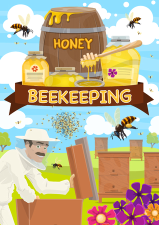 Beekeeping, apiary and beekeeper. Farmer collecting honey from beehive with bees swarm flying around on beekeeping farm. Vector jars and barrels or honeycombs full of natural productのイラスト素材