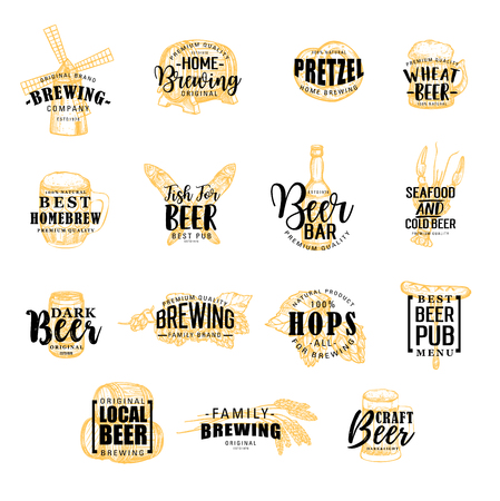 Brewery and beer pub icons. Bottle and mill, hops, barrel, pretzel and fish, crayfish or lobster and wheat spikes, mall and sausage silhouettes, snacks and drinks with vector letteringのイラスト素材