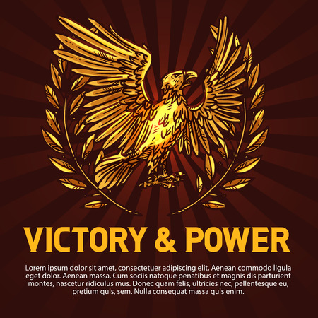 Victory and power eagle, heraldry. Vector mythical bird with golden plumage or feathers and laurel wreath. Griffin with spread wings as symbol of strength, olive wreathのイラスト素材