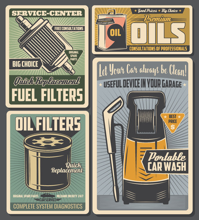 Car service and auto spare parts shop, retro vector. Fuel and oil filters, portable car wash and consultation of professionals, quick replacement and fix. Vehicle and engine tuning stationのイラスト素材