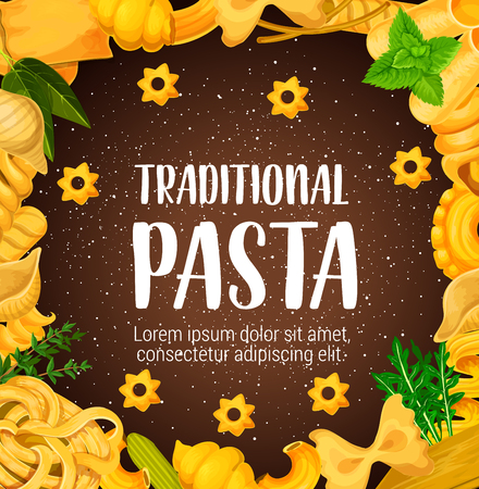 Traditional pasta, Italian dishes with greenery and chili pepper or olives. Vector spaghetti and macaroni, farfalle and lasagna, fusilli and orzo with mint and arugula, pastry food and seasoningのイラスト素材