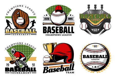 Baseball sporting heraldic icons. Vector leather glove and balls, trophy cup and uniform, player and helmet with bat. Team game, sport items and prize icons. Professionals club isolated symbolsのイラスト素材