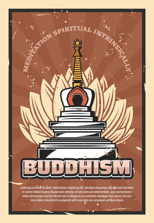 Buddhism religion retro poster, vector symbolic stupa and lotus flower. Meditation spiritual intrinsically, holy asian temple. Believe and faith, Indian, Thai, Chinese and Japanese, Tibet cultureのイラスト素材