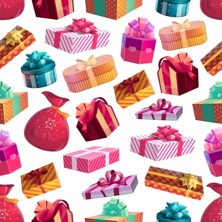 Christmas gifts seamless pattern background with present boxes, Santa Claus bags and sack, decorated...