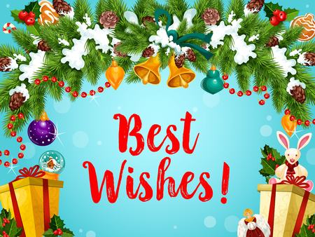 Winter holidays wishes greeting, for Christmas or New Year celebration. Vector design of Xmas ornament decorations, toys and Santa gifts under Christmas snowy tree wreath and golden bellのイラスト素材