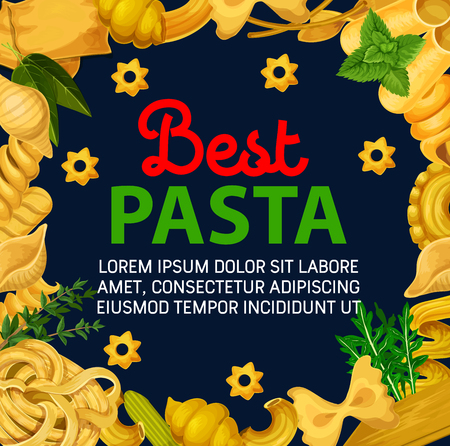 Italian pasta of traditional stelle, farfalle or fettuccine and eliche maccheroni with linguine or spaghetti and penne. Vector Italy food and premium restaurant menu with seasonings and herbsのイラスト素材