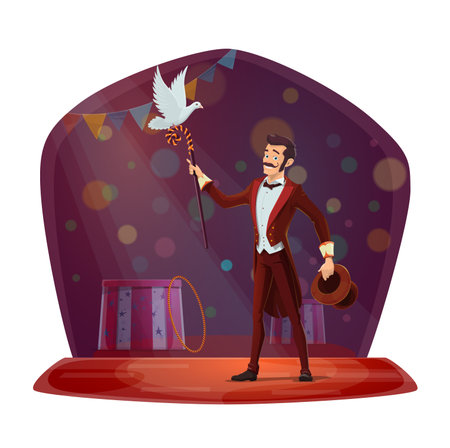 Magician conjured pigeon out of magical hat. Illusionist performing tricks with white dove bird on chapiteau circus stage. Magic show, imagination invitation flyer or posterのイラスト素材