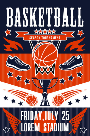 Basketball sport tournament, team game match poster. Basket, orange ball, sport shoes and trophy or winner cup announcement, college league competition or championship vector designのイラスト素材