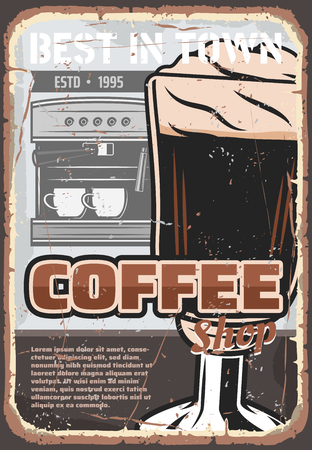 Coffee machine and cup of brewed espresso beverage or cappuccino drink, topped with whipped cream. Cafe breakfast menu, coffee shop or restaurant vector retro designのイラスト素材