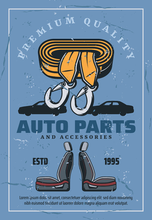 Auto spare parts and accessories, car repair service and mechanic garage. Car seats and towing rope with vintage vehicle silhouettes on backgroundのイラスト素材