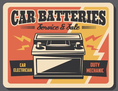 Car battery or vehicle accumulator with lightnings of energy power. Vector auto battery charging, car repair service, mechanic garage signboardのイラスト素材