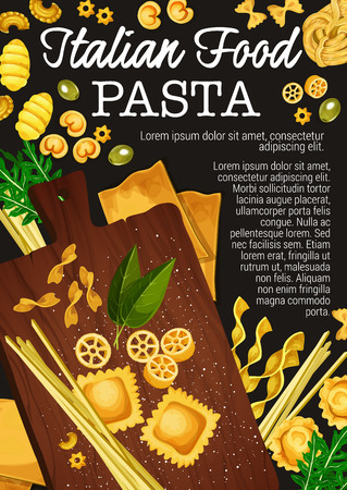 Pasta making of traditional italian food. Vector spaghetti, macaroni and fettuccine, penne, farfalle and ravioli, lasagna, rotelli and gnocchi pasta with flour, basil and olive on wooden cutting boardのイラスト素材