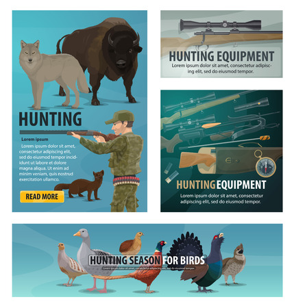 Hunting sport season, animals and birds, hunter equipment and weapon. Vector rifle, shotgun and wolf, goose, bison and pheasant, compass, flashlight and crossbow, quail, grouse and cartridge beltのイラスト素材