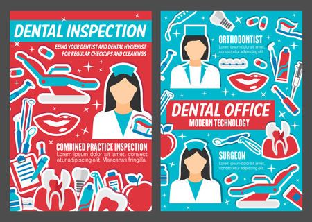 Dental clinic poster for dentistry medical center. Vector design of dentist doctor with orthodontic treatment medicines, tooth implants and dental braces, white teeth smile and pills or toothbrushのイラスト素材