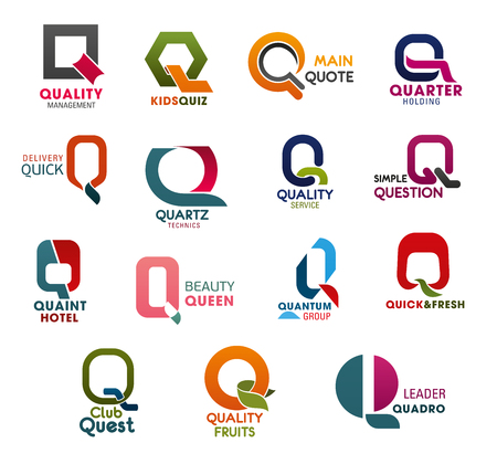 Letter Q icons for business company, technology and industry corporation. Vector Q symbols for quality, quiz or quote and quarter with question or queen and quantum for studio or agency designのイラスト素材