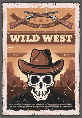 Wild West retro poster of skull in sheriff cowboy hat and rifle guns. Vector native American vintage design with Colorado canyon desert and cactuses for wanted dead or aliveのイラスト素材