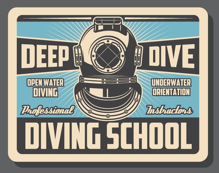 Diving school advertisement retro poster of scuba diver aqualung. Vector vintage design for diving instructor training and water orientation in leisure activity hobbyのイラスト素材