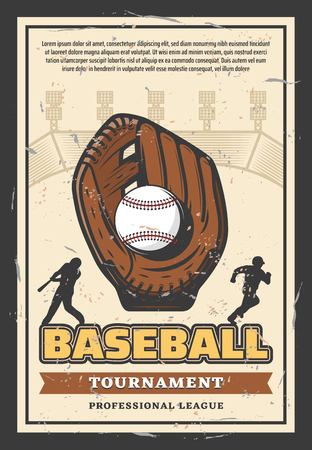 Baseball sport league championship retro poster for professional team tournament. Vector vintage design of baseball player with ball and bat in glove on arena with bannerのイラスト素材
