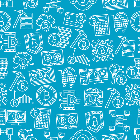 Cryptocurrency and bitcoin mining technology pattern background. Vector seamless thin line design of bit coin or crypto currency digital wallet, credit card or blockchain and calculatorのイラスト素材
