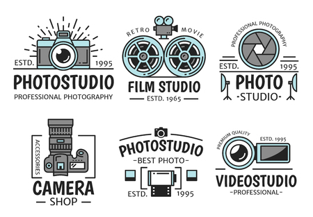 Photographer school or film studio icons. Vector symbols of retro video camera with film reels, digital photocamera and flash for professional photography salon and cinematographyのイラスト素材