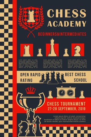 Chess academy poster of chess on chessboard for open tournament or school. Vector design of king, queen or rook with knight or bishop and pawn for sport team championshipのイラスト素材
