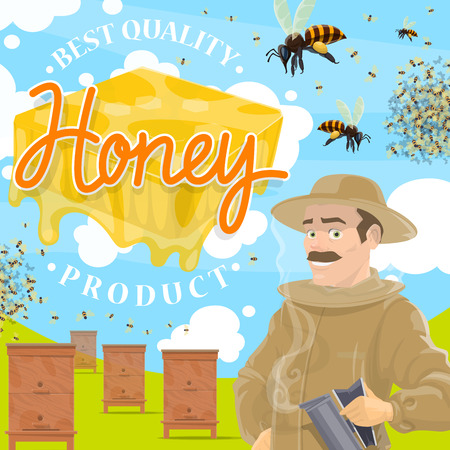 Beekeeping farm, apiary and beekeeper. Man in protective suit and beehive with bees swarm flying around on beekeeping farm. Natural rural product with healthy propolisのイラスト素材