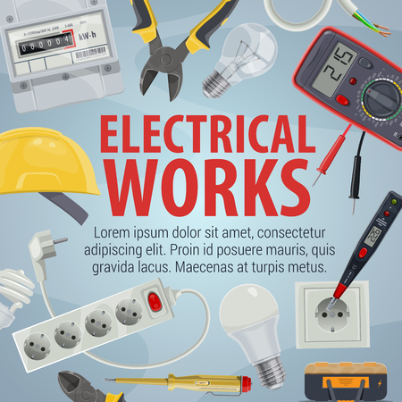 Electrical works. Vector pliers and helmet, plug and power socket, light bulb and wire, screwdriver and multimeter. Tools and equipment, work with electricity, electrician serviceのイラスト素材