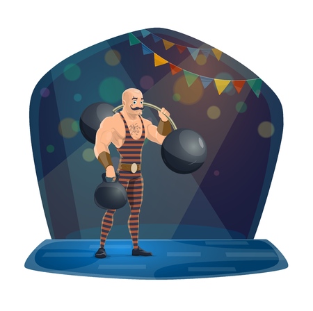 Chapiteau circus, athlete with dumbell and barbell. Vector man, strong muscles, stage performance, trick and strength. Fit character with mustache on big top arena in spotlight, garland and glimmerのイラスト素材