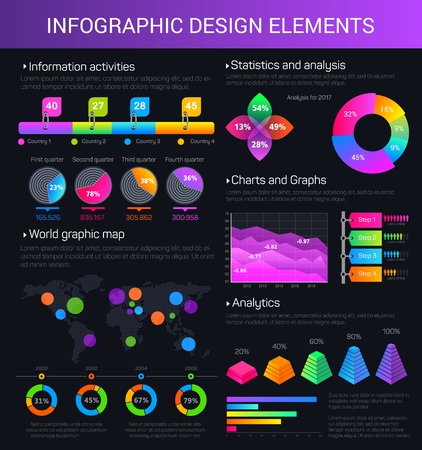 Infographic design elements with world map and pointers, pie chart, line graph, step diagram with option tags, pyramid chart with percent visualization. Analytics and statistics data, vectorのイラスト素材