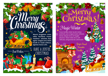 Merry Christmas greeting card and best wishes, Xmas winter holiday. Vector Christmas tree decorations and Santa in sleigh with gifts at fireplace chimney, holly wreath and New Year snowのイラスト素材