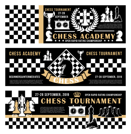 Chess academy or tournament and championship. Vector banners of horse and bishop, queen and pawn, rook and king crown on chessboard strategy. Background with score clock onのイラスト素材