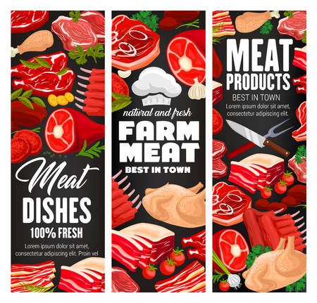 Butcher shop meat products banners. Vector farm butchery beef and pork grill lamb ribs or sausages and bacon or ham with salami and pepperoni with cooking spicesのイラスト素材