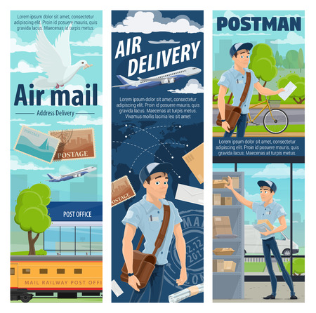 Air mail delivery and mailman profession, postage logistics. Vector cargo airplane and train freight shipping parcel boxes with newspaper, magazines and letter envelopesのイラスト素材