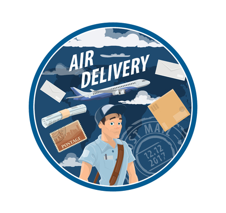 Air mail delivery mailman and postman profession, postage logistics. Vector airplane cargo or freight shipping parcel boxes with newspapers, magazines journals, postal stamps and letter envelopesのイラスト素材