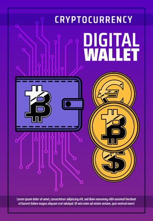 Cryptocurrency digital wallet, bitcoins and mining blockchain technology. Vector bitcoin or digital cryptocurrency exchange, innovative e-business and online web commerce networkのイラスト素材