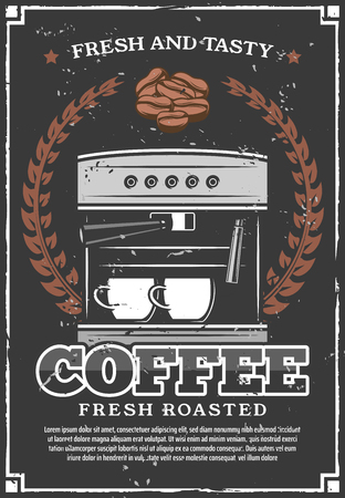 Coffee retro poster, vector coffee machine, laurel wreath and cups or beans. Cafeteria or cafe design, premium quality coffee shop or coffeehouseのイラスト素材