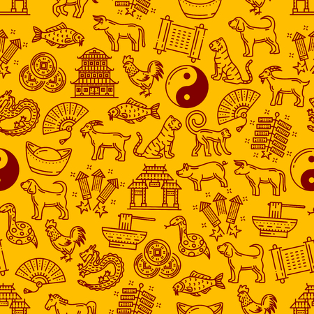 Chinese horoscope animals linear seamless pattern. Oriental astrology symbols and national signs as noodles and lucky coins, fireworks and chinese temple, yin yang and fan, carp fish and ingotのイラスト素材