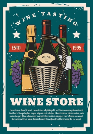 Wine store, winery industry, champagne or sparkling wine. Vector alcohol drink, grape berries nectar, tasting and buying, wicker basket. Grocery store, natural beverage in glass bottle with corkのイラスト素材