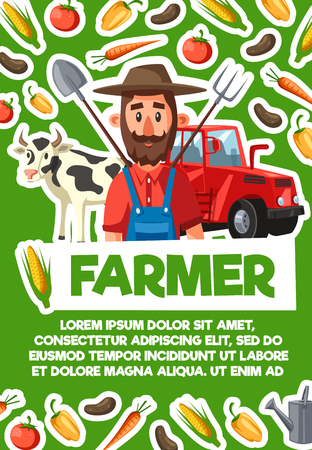 Farmer, agriculture and cattle farm household. Vector cartoon farmer with planting spade and gardening rake tools, tomato and potato veggies, cow and tractorのイラスト素材