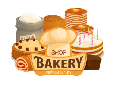 Bakery shop bread, patisserie pastry and desserts. Vector baker hat with wheat flour bag, donut or muffin and croissant with buns, pancakes or bagel and toast breadのイラスト素材