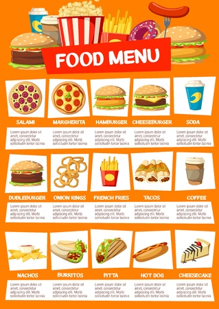 Fast food restaurant menu. Vector pizza, cheeseburger or hamburger, soda and onion rings, french fries and tacos, nachos and coffee drink. Burritos and pita, hot dog and cheesecake, popcorn and donutのイラスト素材