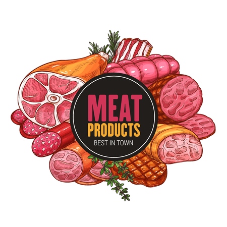 Butcher shop meat and sausages products. Vector farm butchery beef and pork, grill lamb ribs, bacon or ham with salami and pepperoni sausage and wurstのイラスト素材